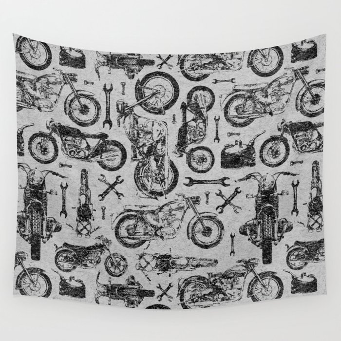 Vintage Motorcycle Pattern Wall Tapestry
