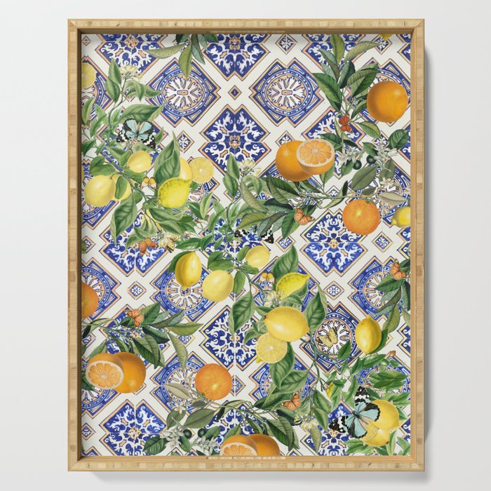 Sicilian Citrus, Mediterranean tiles & vintage lemons & orange fruit pattern Serving Tray