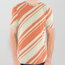 [ Thumbnail: Coral and Beige Colored Lined/Striped Pattern All Over Graphic Tee ]