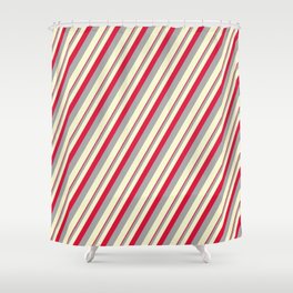 [ Thumbnail: Crimson, Dark Grey, and Light Yellow Colored Stripes Pattern Shower Curtain ]