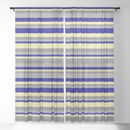 [ Thumbnail: Dark Gray, Blue, Pale Goldenrod, and Gray Colored Striped Pattern Sheer Curtain ]