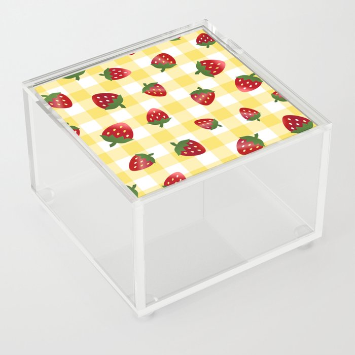 Strawberries All Over - yellow check Acrylic Box