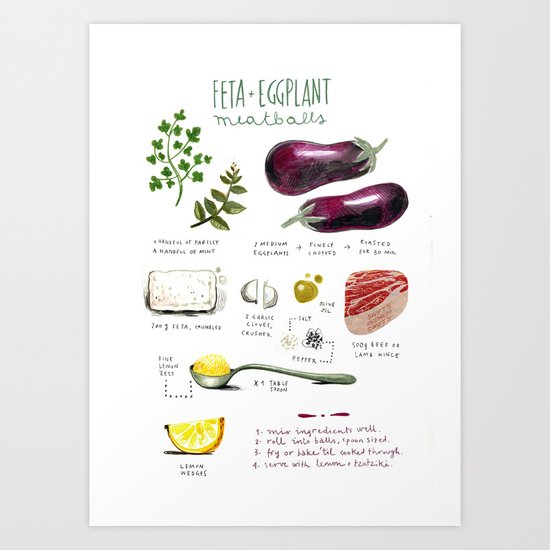 illustrated recipes: feta and eggplant meatballs Art Print