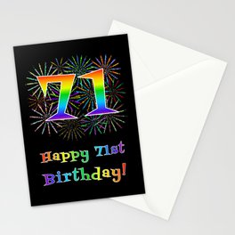 [ Thumbnail: 71st Birthday - Fun Rainbow Spectrum Gradient Pattern Text, Bursting Fireworks Inspired Background Stationery Cards ]