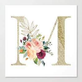 M Monogram Gold Foil Initial with Watercolor Flowers Canvas Print