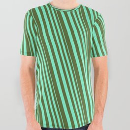 [ Thumbnail: Aquamarine & Dark Olive Green Colored Lines/Stripes Pattern All Over Graphic Tee ]