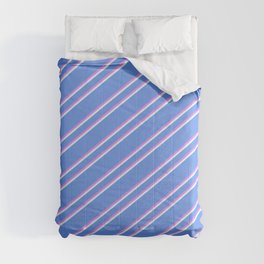 [ Thumbnail: Cornflower Blue, Violet, and Light Cyan Colored Lined Pattern Comforter ]