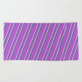 [ Thumbnail: Orchid, Tan & Teal Colored Stripes/Lines Pattern Beach Towel ]