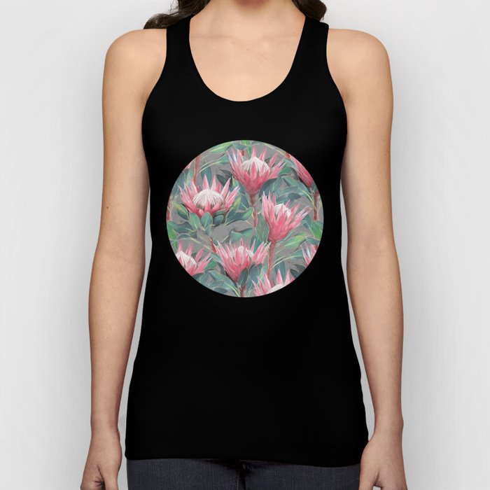 Pink Painted King Proteas on grey Tank Top