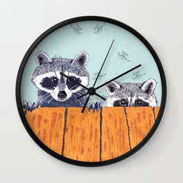 Peeking Raccoons #3 White Pallet Wall Clock