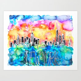 New York / watercolor mixed media bright city skyline modern skyscraper Art Print