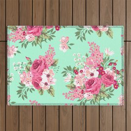 Cottage Chic Roses and Lilacs Floral in Aqua and Pink Outdoor Rug