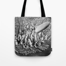 USS Akron in flight over Manhattan skyscrapers black and white photography Tote Bag