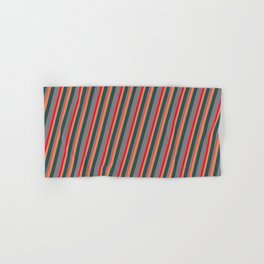 [ Thumbnail: Coral, Dark Slate Gray, Grey, and Crimson Colored Pattern of Stripes Hand & Bath Towel ]