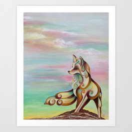Red Fox with beautiful sky and clouds - Acrylic painting by Linda Sholberg Art Print