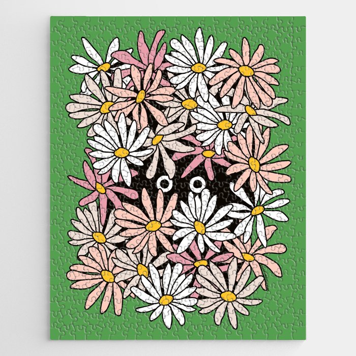 Shy Wallflower - Retro Botanical,Pink,anxiety,awkward, green, pink, flowers, daisies,retro, 60s, 70s Jigsaw Puzzle