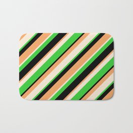 [ Thumbnail: Beige, Lime Green, Black & Brown Colored Stripes Pattern Bath Mat ]