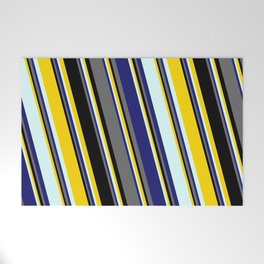 [ Thumbnail: Yellow, Light Cyan, Midnight Blue, Dim Grey & Black Colored Striped Pattern Welcome Mat ]