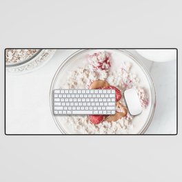Raspberry Oats And Milk Breakfast, Morning Food Photography Print, Kitchen Restaurant Cuisine Art Print Desk Mat