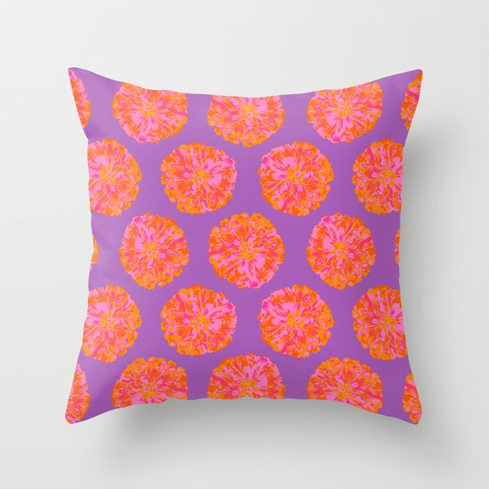 CHRYSANTHEMUMS Abstract Polka Dot Floral Summer Bright Botanical in Fuchsia Pink Orange on Violet Purple - UnBlink Studio by Jackie Tahara Throw Pillow