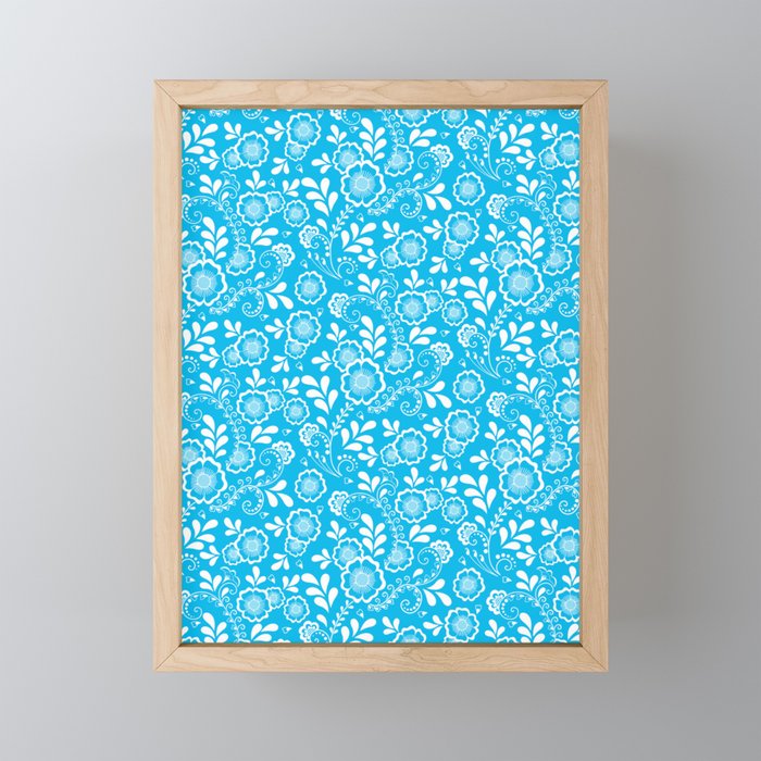Turquoise And White Eastern Floral Pattern Framed Mini Art Print