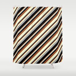[ Thumbnail: Sienna, Light Yellow, Dark Grey, and Black Colored Stripes Pattern Shower Curtain ]
