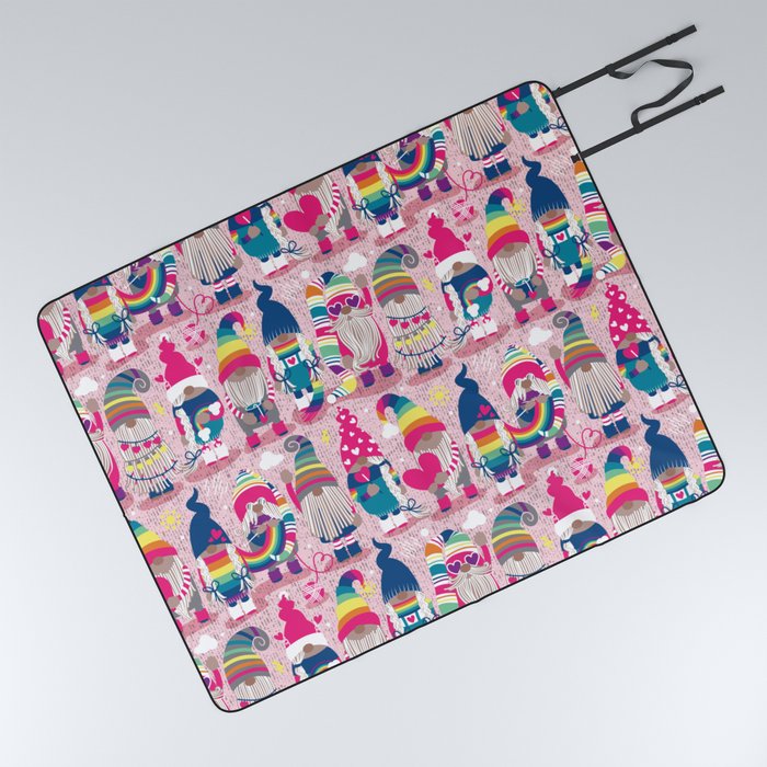 I gnome you // pastel pink background little happy and lovely gnomes with rainbows fuchsia pink hearts Picnic Blanket