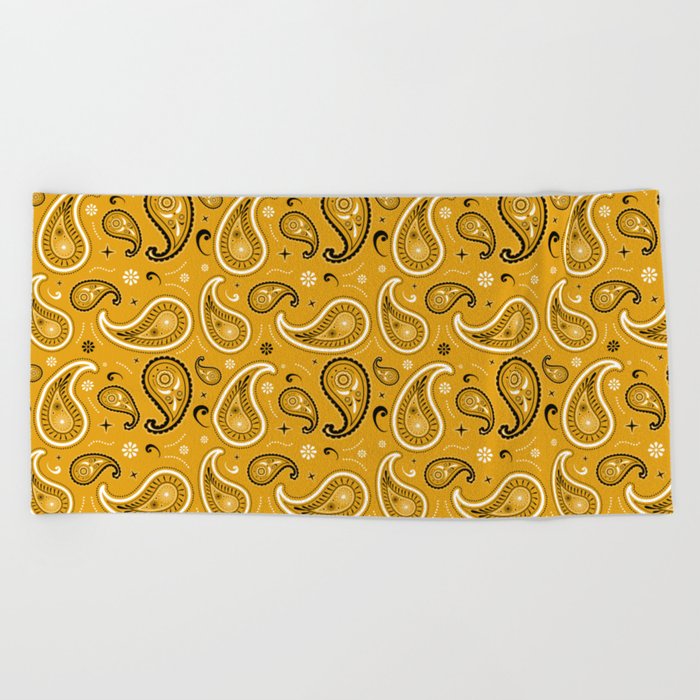 Black and White Paisley Pattern on Mustard Background Beach Towel