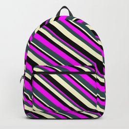 [ Thumbnail: Fuchsia, Dark Slate Gray, Light Yellow, and Black Colored Lined Pattern Backpack ]