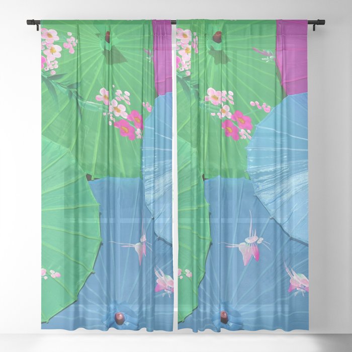 Multi-colored Chinese umbrellas / parasols with tropical pink flower petals color photograph / photography for home and wall decor Sheer Curtain