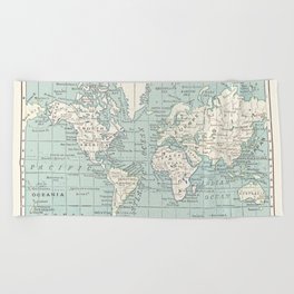 World Map in Blue and Cream Beach Towel