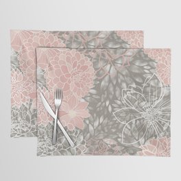 Floral Dahlias, Blush Pink, Gray, White Placemat