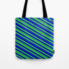 [ Thumbnail: Blue & Lime Green Colored Lines Pattern Tote Bag ]
