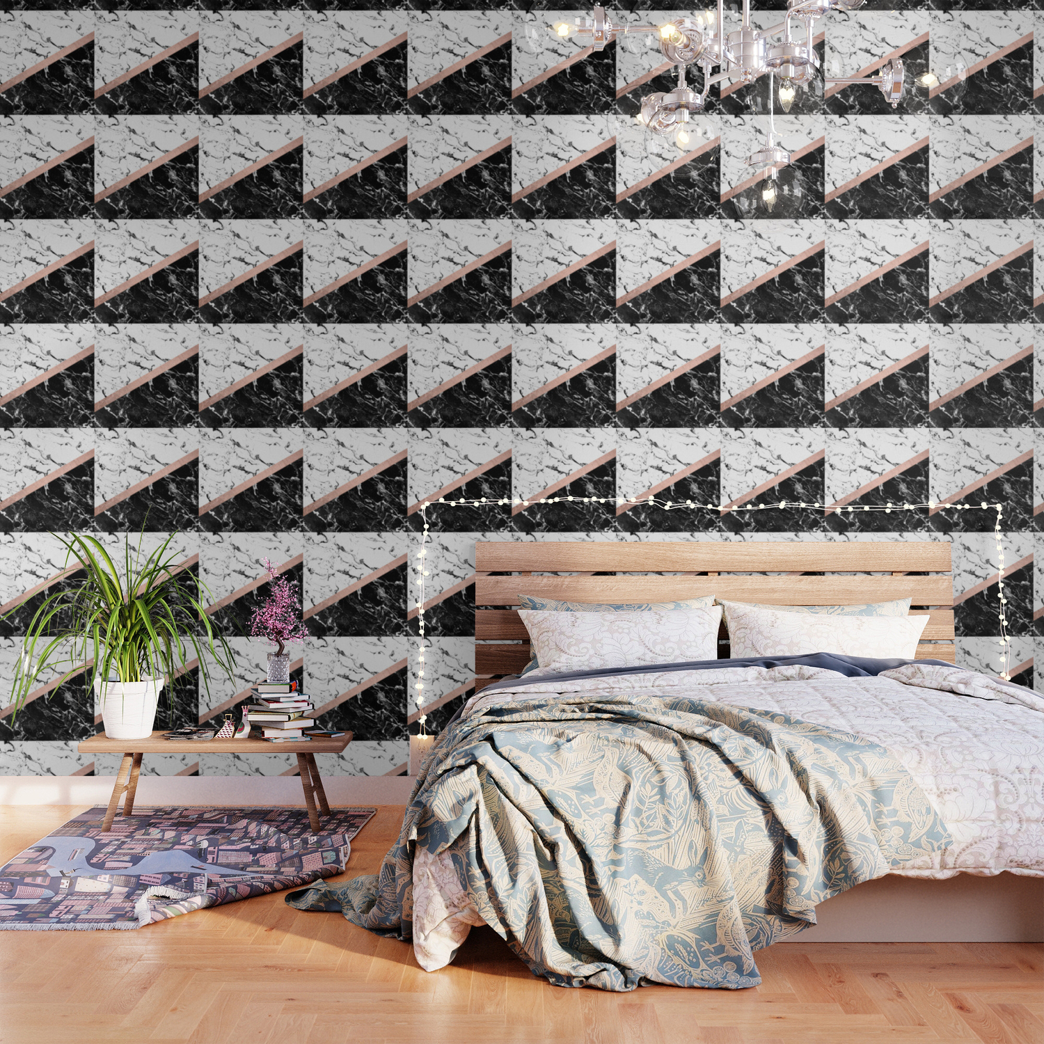 Modern Black White Marble Color Block Rose Gold Wallpaper By Girlytrend Society6