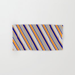 [ Thumbnail: Dark Grey, Dark Blue, Light Gray & Dark Orange Colored Lines/Stripes Pattern Hand & Bath Towel ]
