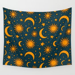 Vintage Sun and Star Print in Navy Wall Tapestry