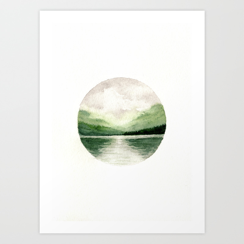 Foggy Mountain Lake Watercolor Landscape Minimalism Painting Round Painting Art Print By Sktchup Society6