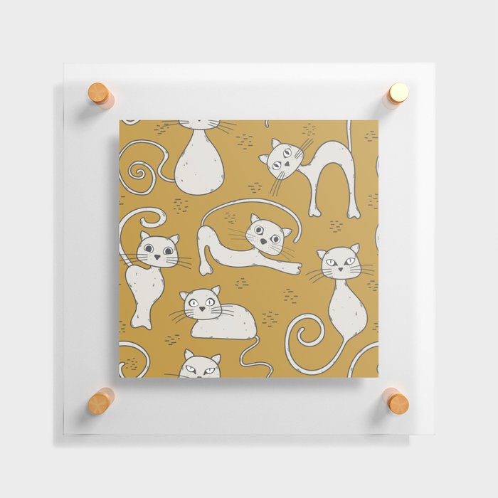 Mustard yellow and off-white cat pattern Floating Acrylic Print