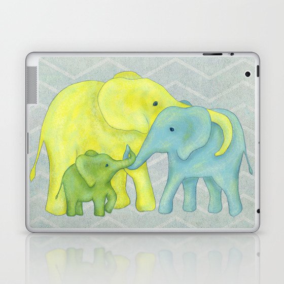 Elephant Family of Three in Yellow, Blue and Green Laptop & iPad Skin