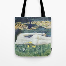 Laying Nude; river with peacocks beautiful figurative nude portrait painting by Mikhail Aleksandrovich Vrubel Tote Bag