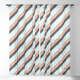 [ Thumbnail: Brown, Light Salmon, Black & Light Cyan Colored Stripes Pattern Sheer Curtain ]