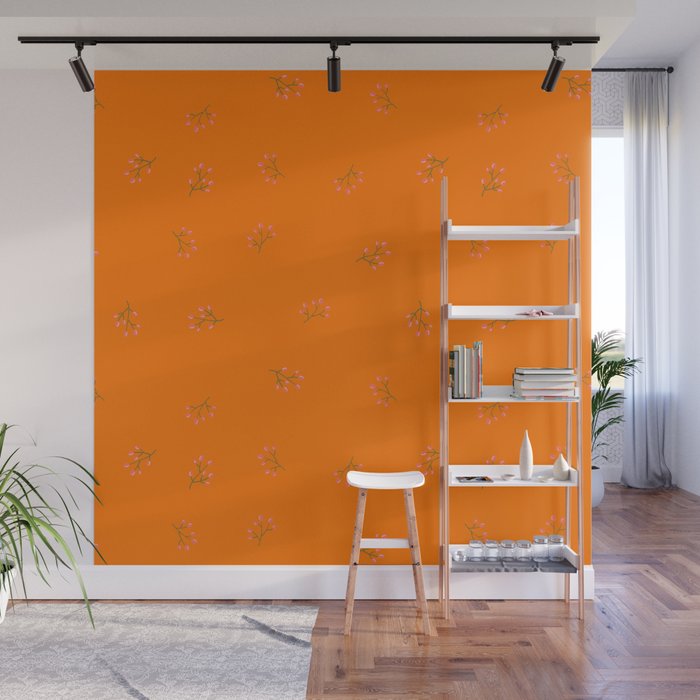 Branches With Red Berries Seamless Pattern on Orange Background Wall Mural