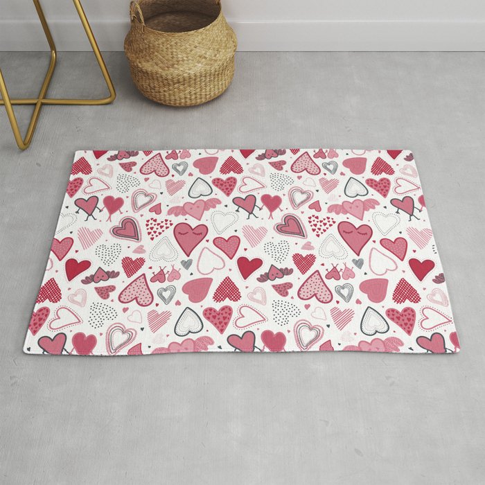 Hand drawn pacific pink and red doodle hearts pattern. Rug
