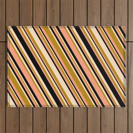 [ Thumbnail: Bisque, Dark Goldenrod, Light Salmon & Black Colored Stripes/Lines Pattern Outdoor Rug ]