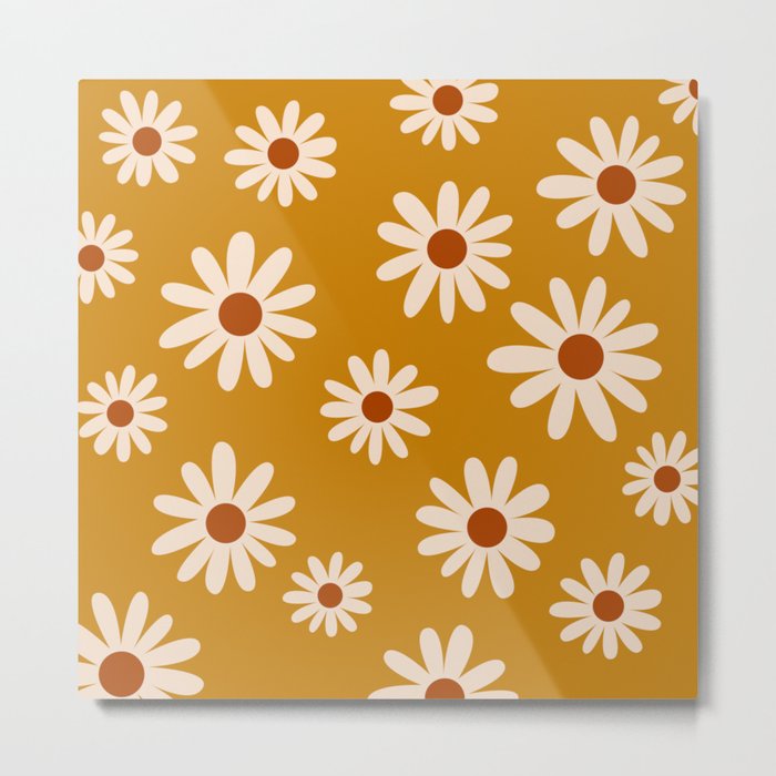 70s Hand Drawn Flower Power Daisies Florals in Yellow, Cream & Brown Metal Print