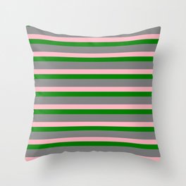 [ Thumbnail: Gray, Light Pink & Green Colored Lines/Stripes Pattern Throw Pillow ]