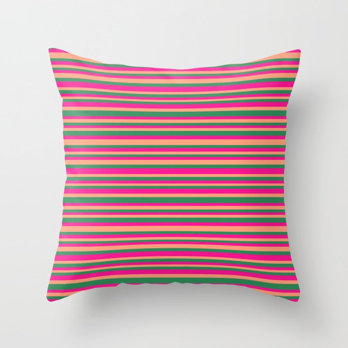 Deep Pink, Light Salmon & Sea Green Colored Lines Pattern Throw Pillow