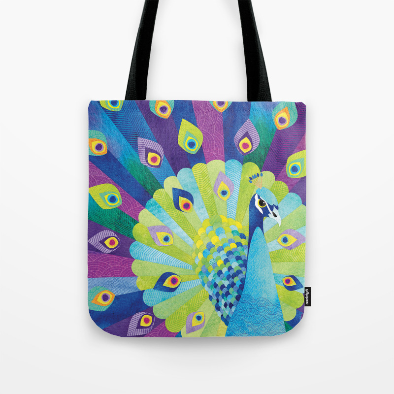 Purple and blue peacock pattern tote bag  shopping bag
