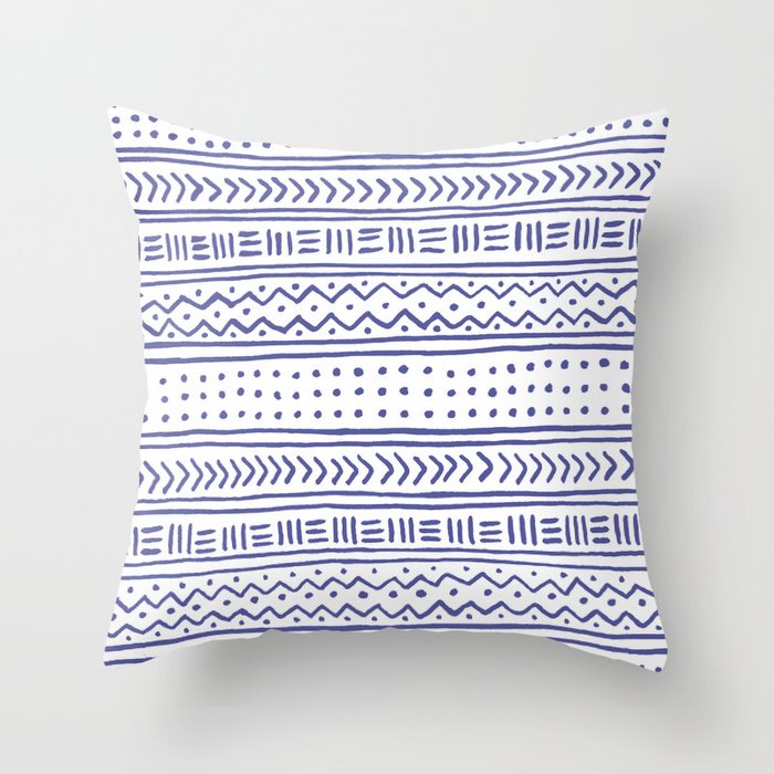 Mud Cloth Arrows, Dots and Stripes in white and indigo Throw Pillow