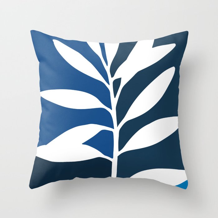 Floral Leaves Abstract Mosaic Blue White Cyanotype Matisse Inspired Throw Pillow